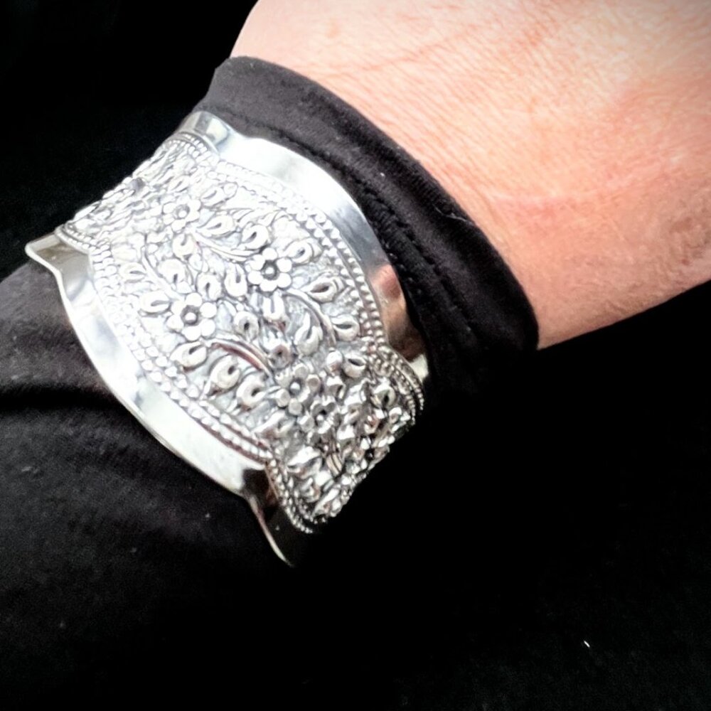 Fine Silver Floral Repoussé Cuff/Bangle Bracelet Handmade by Karen Hill Tribe